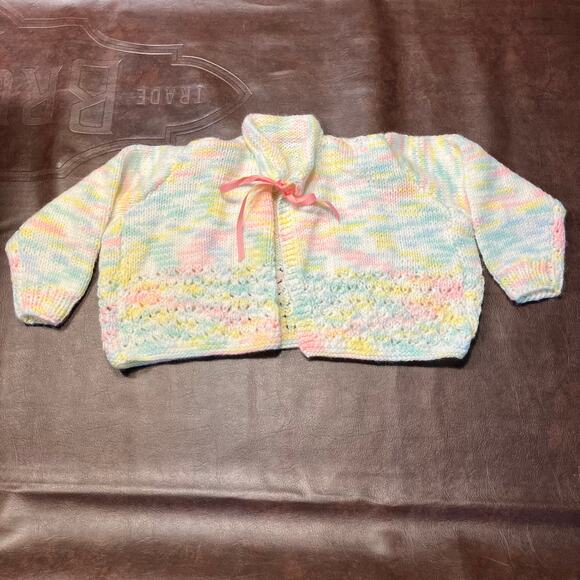 Handmade Baby Girl Knit Cardigan Sweater Ribbon Tie 12 Month Vintage - Picture 2 of 13
